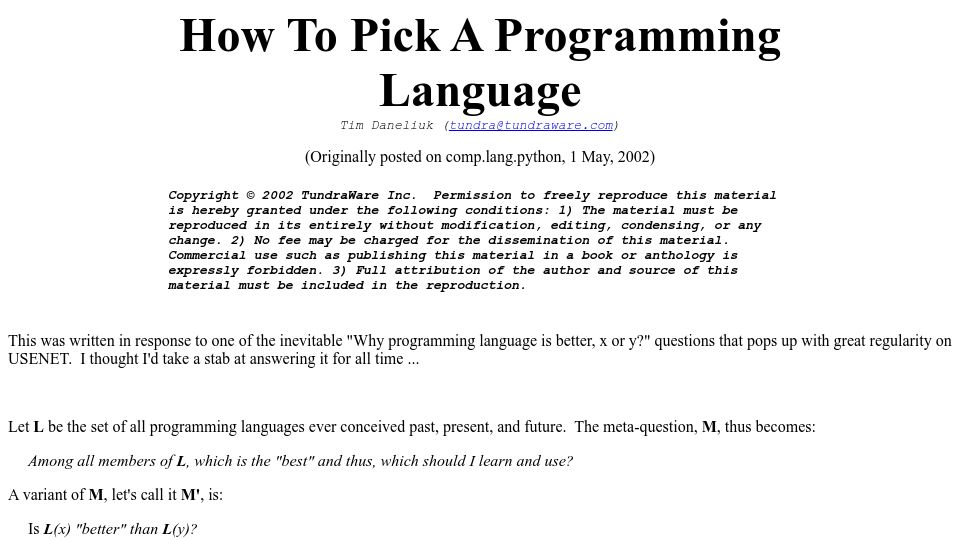 Screenshot of tundraware.com: How to Pick a Programming Language (2002)