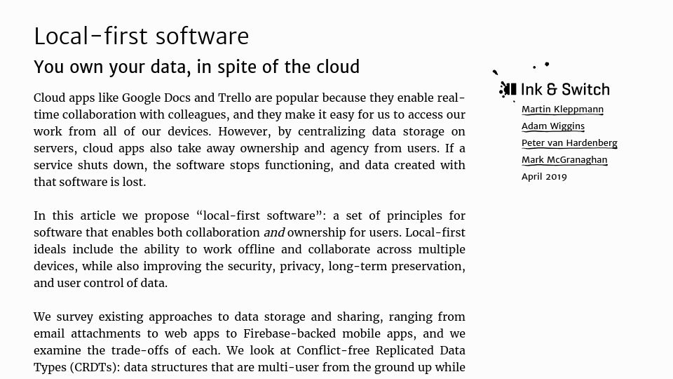 Screenshot of inkandswitch.com: Local-first software: You own your data, in spite of the cloud (2019)