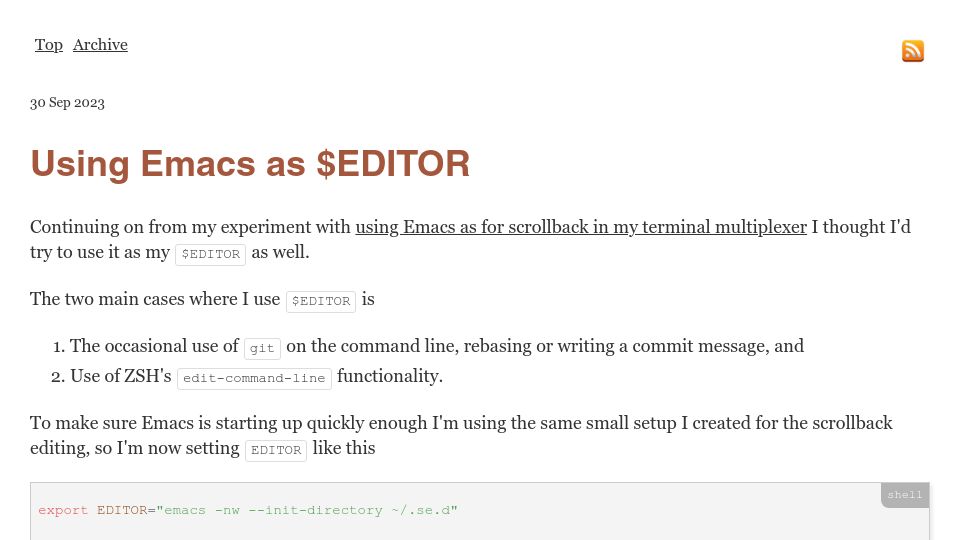 Screenshot of magnus.therning.org: Using Emacs as $EDITOR