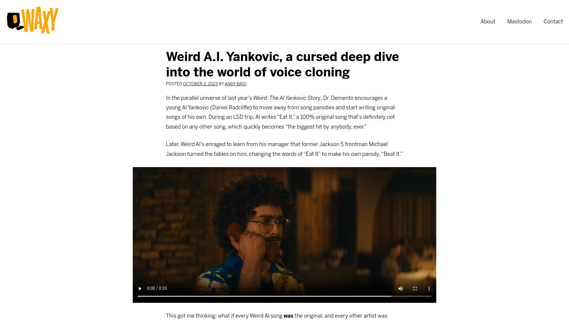 Screenshot of waxy.org: Weird A.I. Yankovic: a cursed deep dive into the world of voice cloning