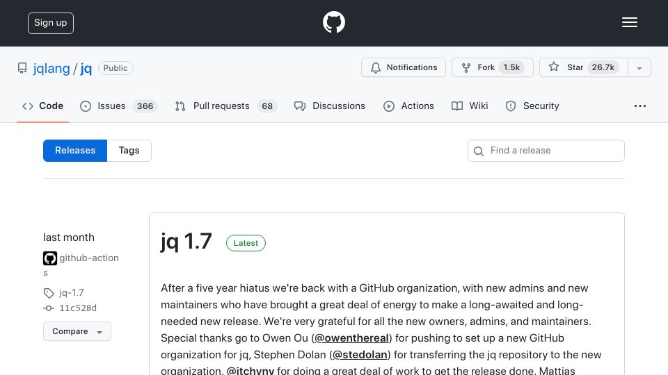Screenshot of github.com: jq 1.7