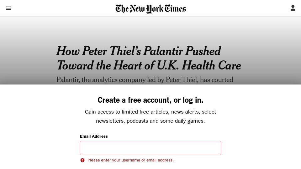 Screenshot of nytimes.com: Peter Thiel’s Palantir Pushed Toward the Heart of U.K. Health Care