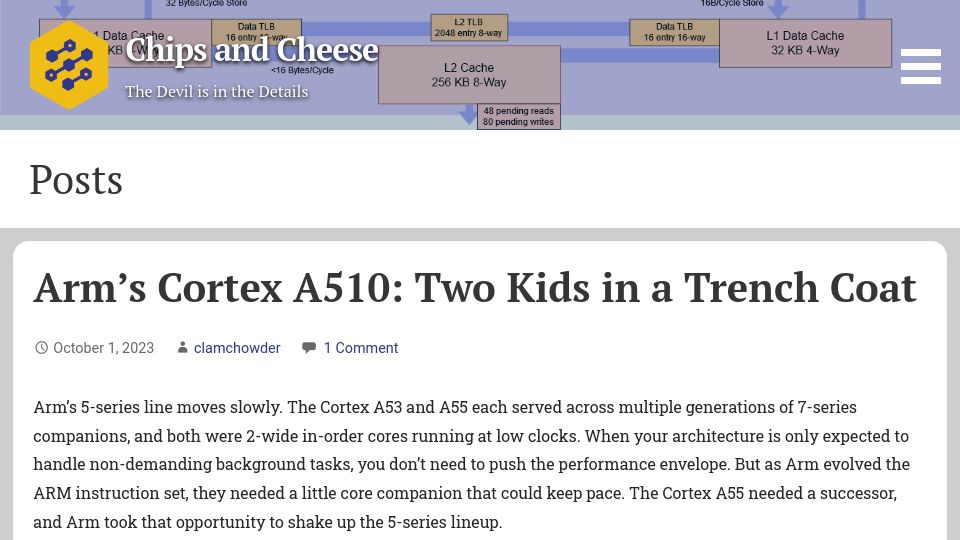 Screenshot of chipsandcheese.com: Arm’s Cortex A510: Two Kids in a Trench Coat