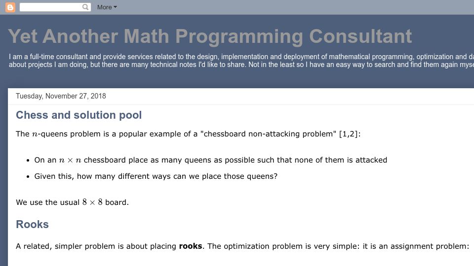 Screenshot of yetanothermathprogrammingconsultant.blogspot.com: Chess and solution pool with linear programming (2018)