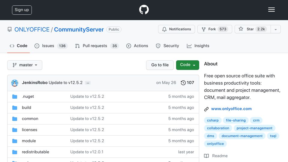 Screenshot of github.com: OnlyOffice: Free open source office suite with business productivity tools