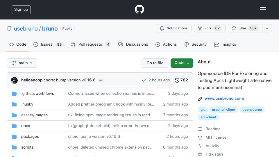 Screenshot of github.com: Bruno: Open-Source IDE for Exploring and Testing APIs