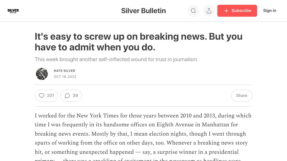 Screenshot of natesilver.net: It's easy to screw up on breaking news. But you have to admit when you do