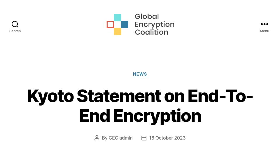Screenshot of globalencryption.org: Kyoto Statement on End-to-End Encryption