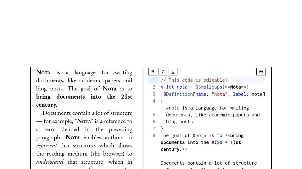 Screenshot of nota-lang.org: Nota is a language for writing documents, like academic papers and blog posts