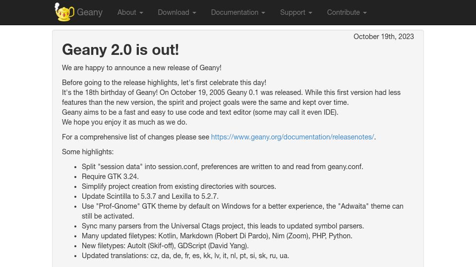 Screenshot of geany.org: Geany 2.0 – Flyweight IDE