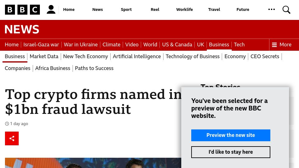 Screenshot of bbc.com: Top Crypto Firms Named in $1B Fraud Lawsuit