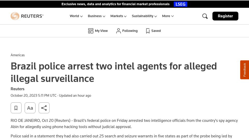Screenshot of reuters.com: Brazil police arrest two intel agents for alleged illegal surveillance