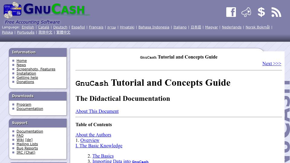 Screenshot of gnucash.org: GnuCash Tutorial and Concepts Guide
