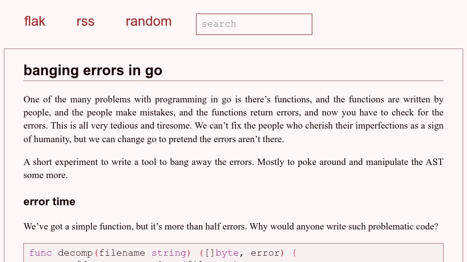 Screenshot of flak.tedunangst.com: Banging errors in Go