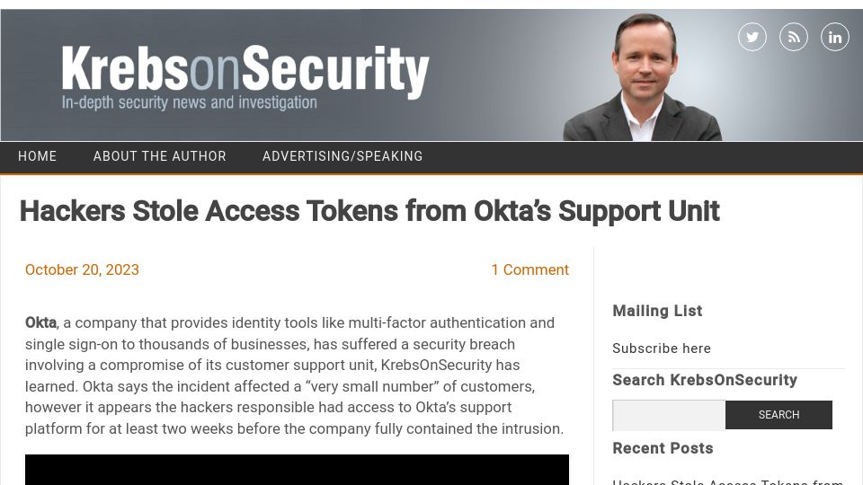 Screenshot of krebsonsecurity.com: Hackers stole access tokens from Okta's support unit
