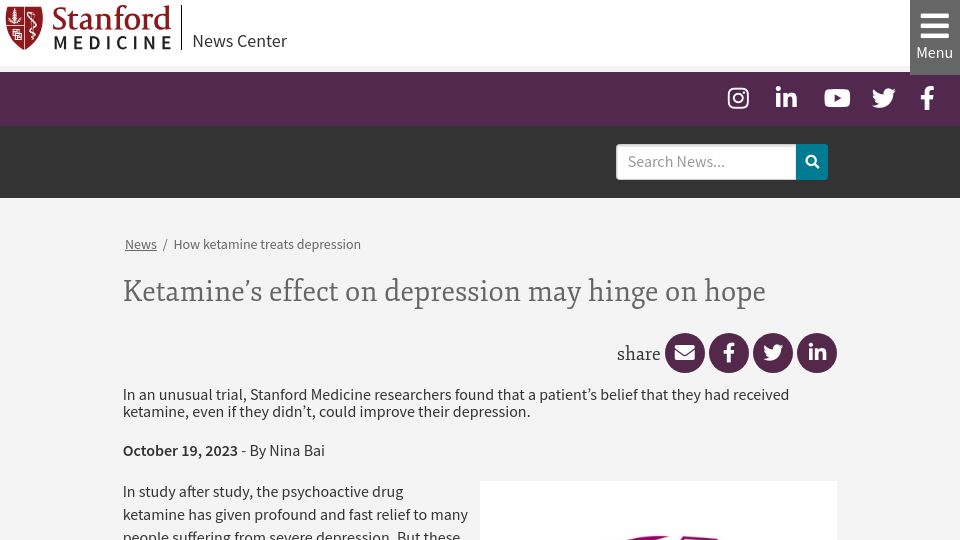 Screenshot of med.stanford.edu: Ketamine's effect on depression may hinge on hope