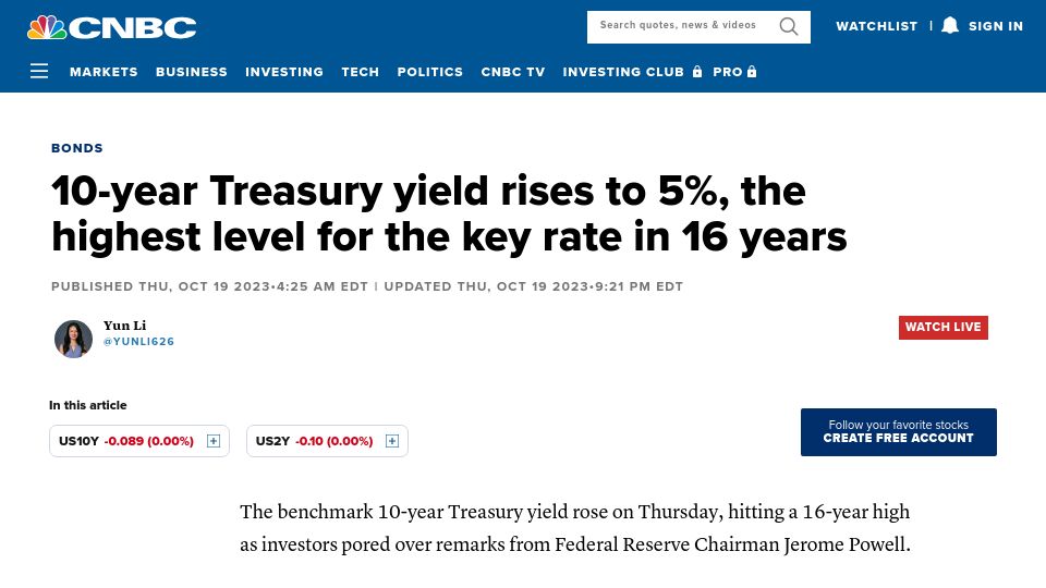 Screenshot of cnbc.com: 10-year Treasury yield rises to 5%, highest level for the key rate in 16 years