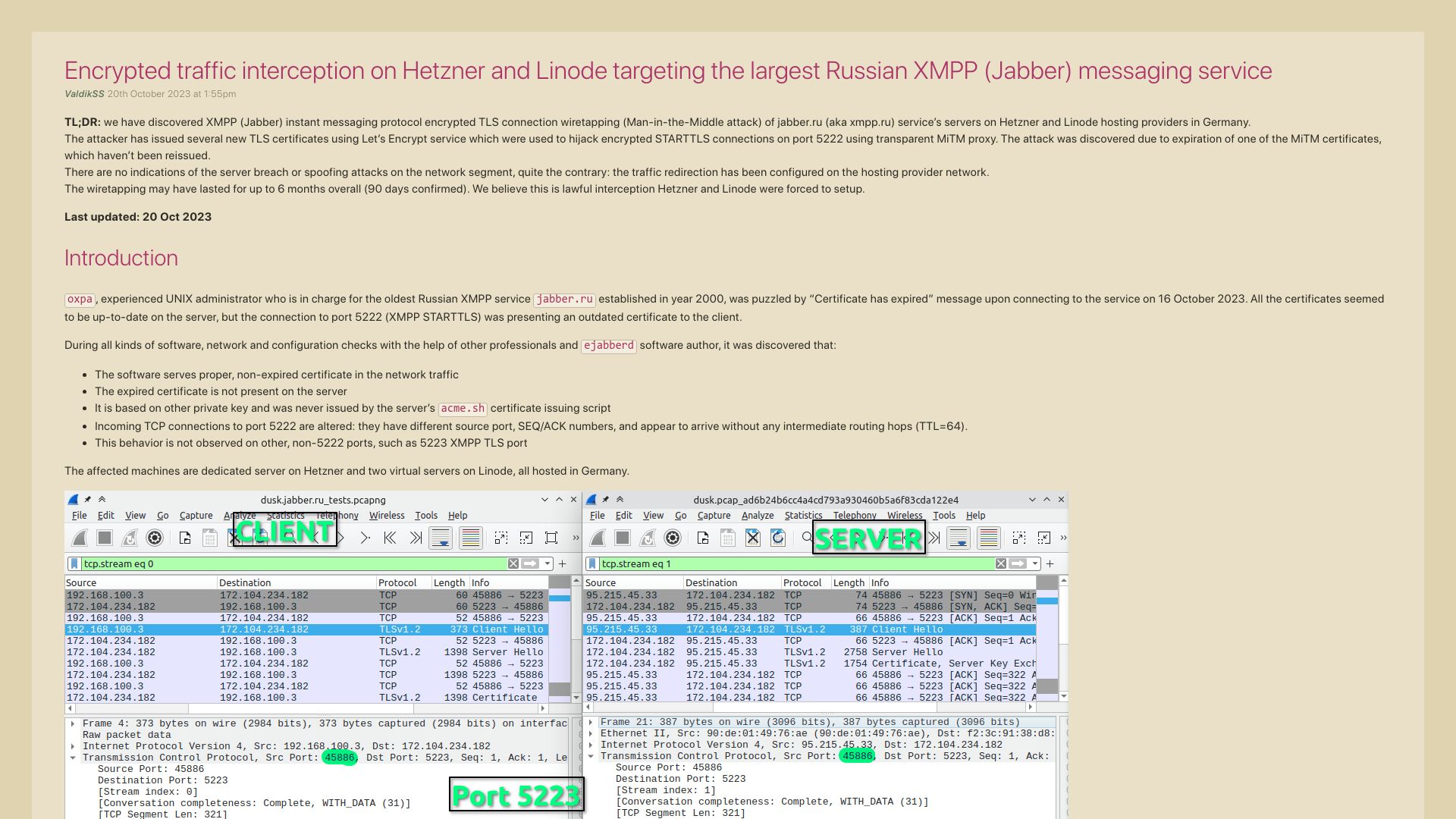 Screenshot of notes.valdikss.org.ru: Encrypted traffic interception on Hetzner and Linode targeting Jabber service