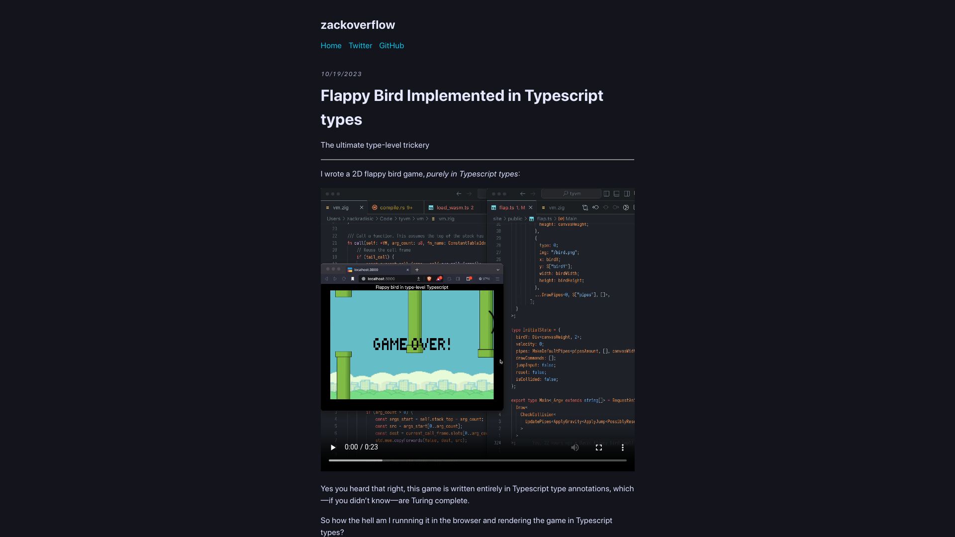 Screenshot of zackoverflow.dev: Flappy Bird implemented in TypeScript types