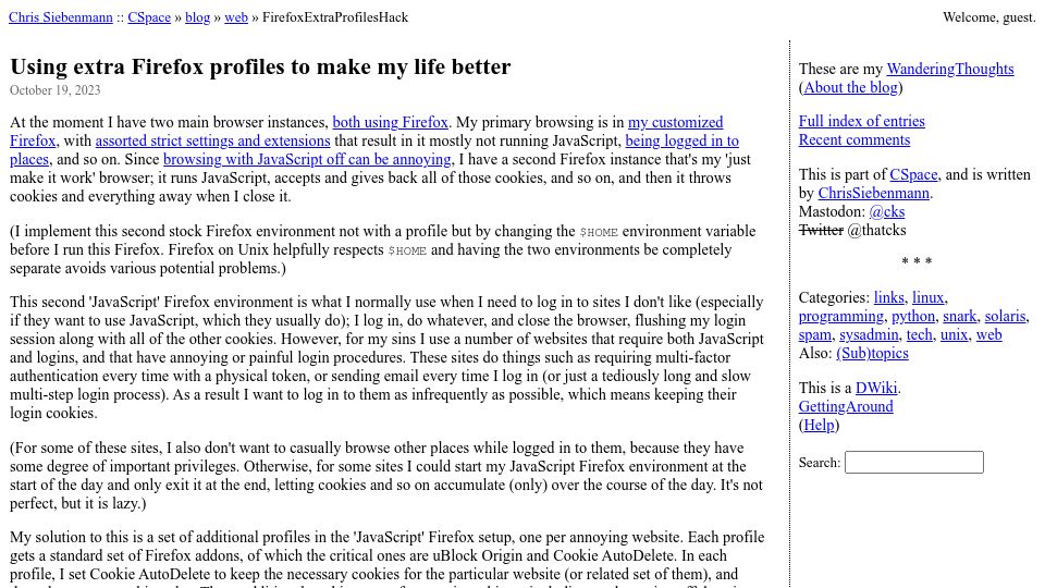 Screenshot of utcc.utoronto.ca: Using extra Firefox profiles to make my life better