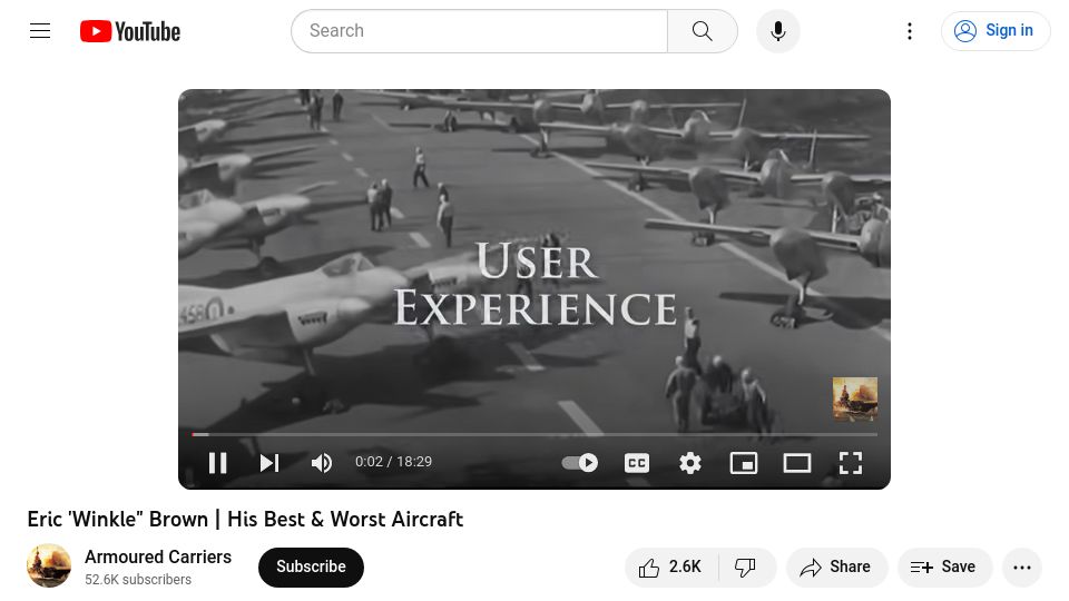 Screenshot of youtube.com: Eric 'Winkle" Brown – His Best and Worst Aircraft [video]