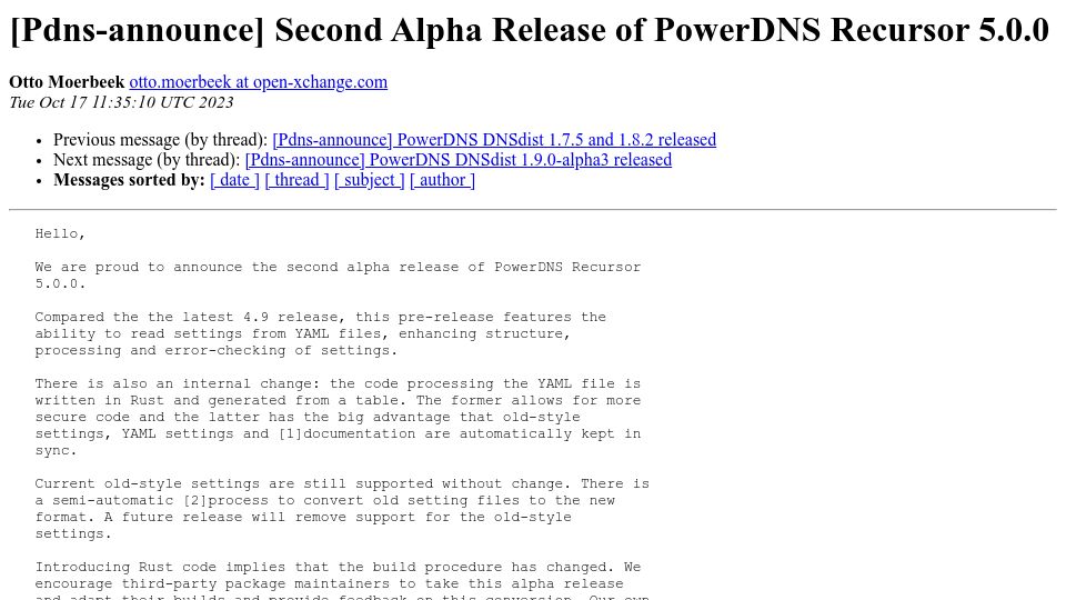 Screenshot of mailman.powerdns.com: PowerDNS Starts to Use Rust
