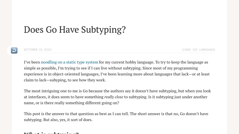 Screenshot of journal.stuffwithstuff.com: Does Go Have Subtyping?