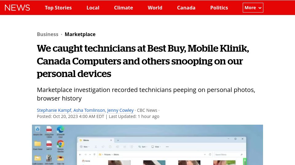 Screenshot of cbc.ca: We caught technicians snooping on our personal devices