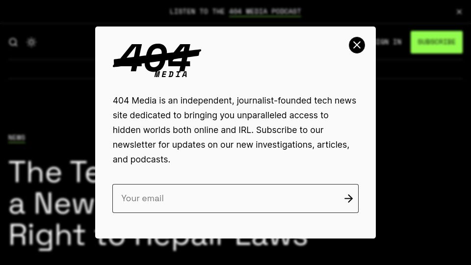 Screenshot of 404media.co: The Tech Industry Has a New Plan to Stop Proliferation of Right to Repair Laws