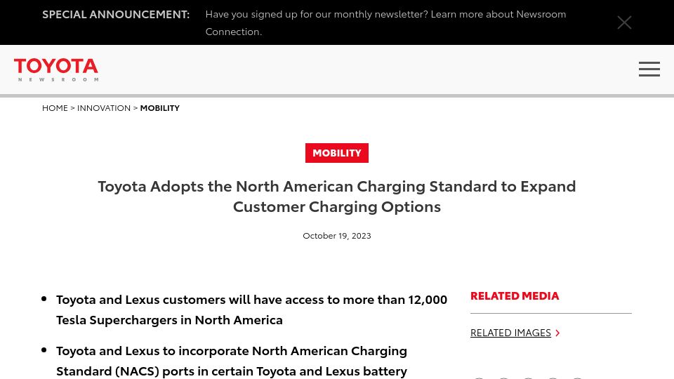 Screenshot of pressroom.toyota.com: Toyota adopts the North American charging standard