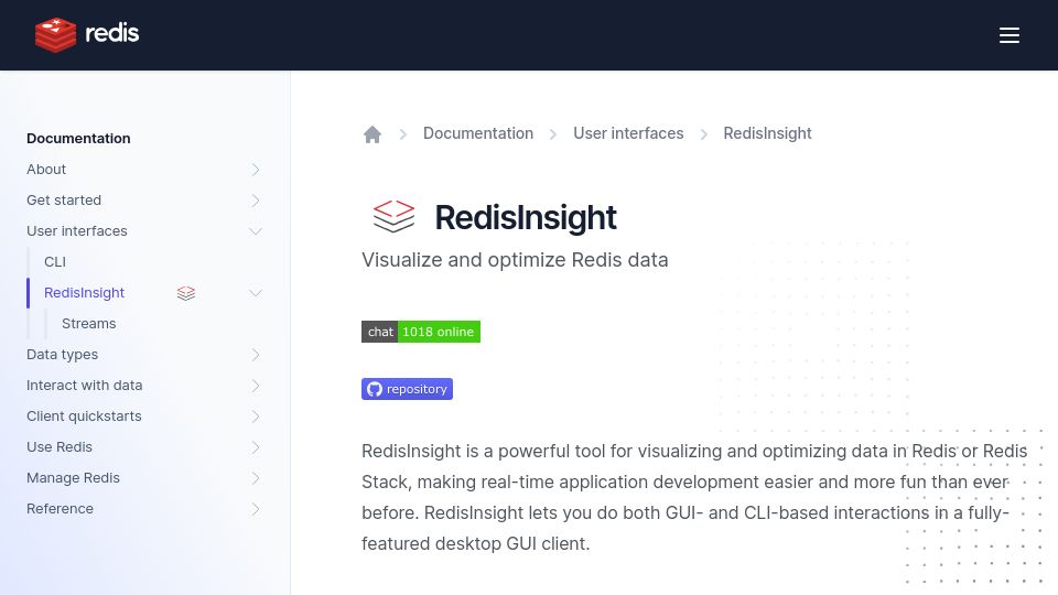Screenshot of redis.io: Redis Insight: GUI App for Redis
