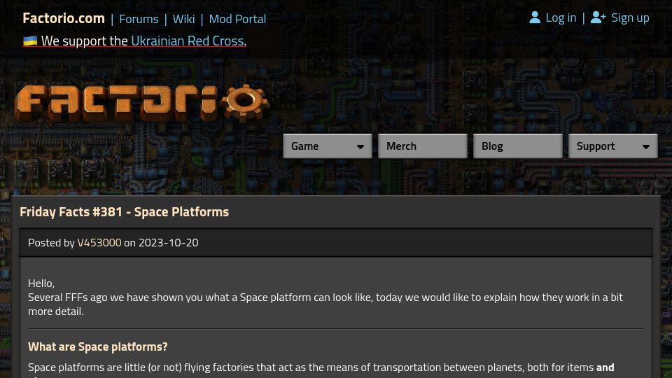Screenshot of factorio.com: Friday Factorio Facts #381 – Space Platforms