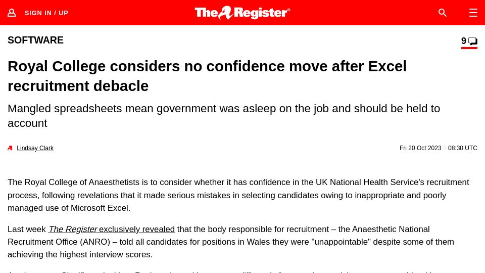 Screenshot of theregister.com: Royal College considers no confidence move after Excel recruitment debacle