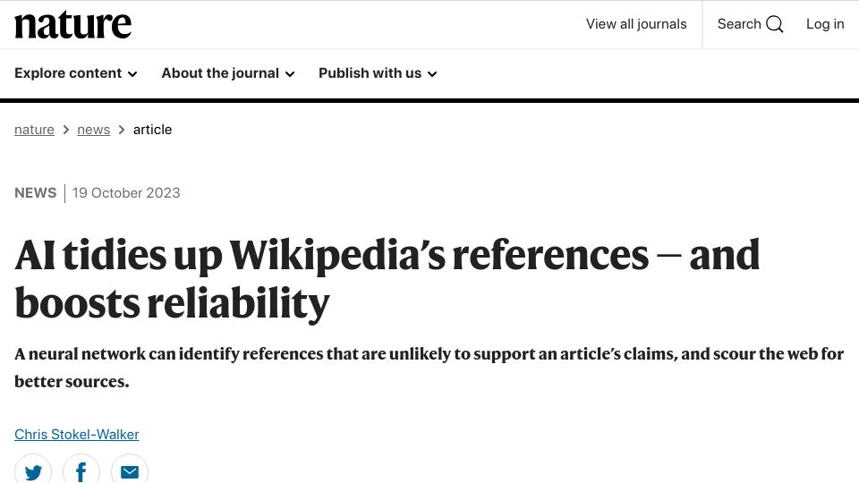Screenshot of nature.com: AI tidies up Wikipedia's references and boosts reliability