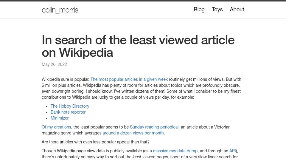 Screenshot of colinmorris.github.io: In search of the least viewed article on Wikipedia (2022)