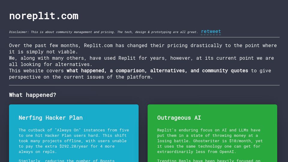 Screenshot of noreplit.com: Replit permanently moves to paid hosting after 7 years of free service