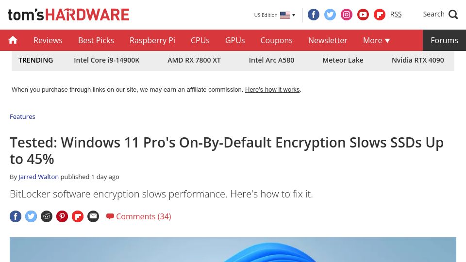 Screenshot of tomshardware.com: Windows 11 Pro's On-by-Default Encryption Slows SSDs Up to 45%