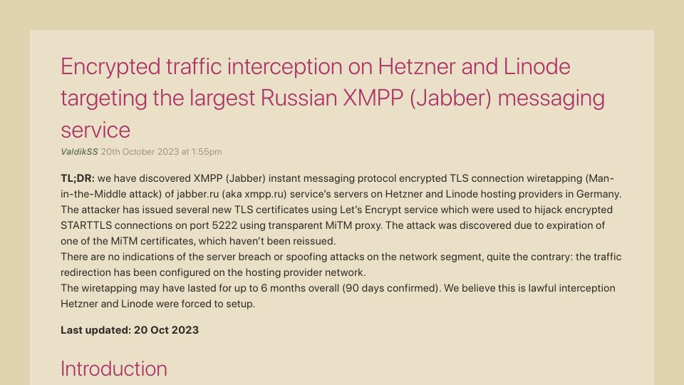 Screenshot of notes.valdikss.org.ru: Encrypted traffic interception on Hetzner and Linode targeting Jabber service