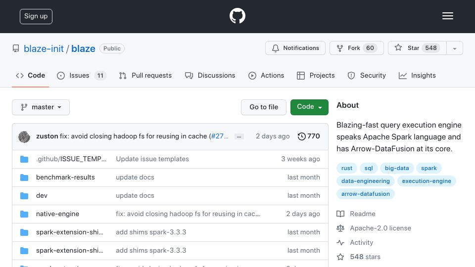 Screenshot of github.com: Blaze: Fast query execution engine for Apache Spark