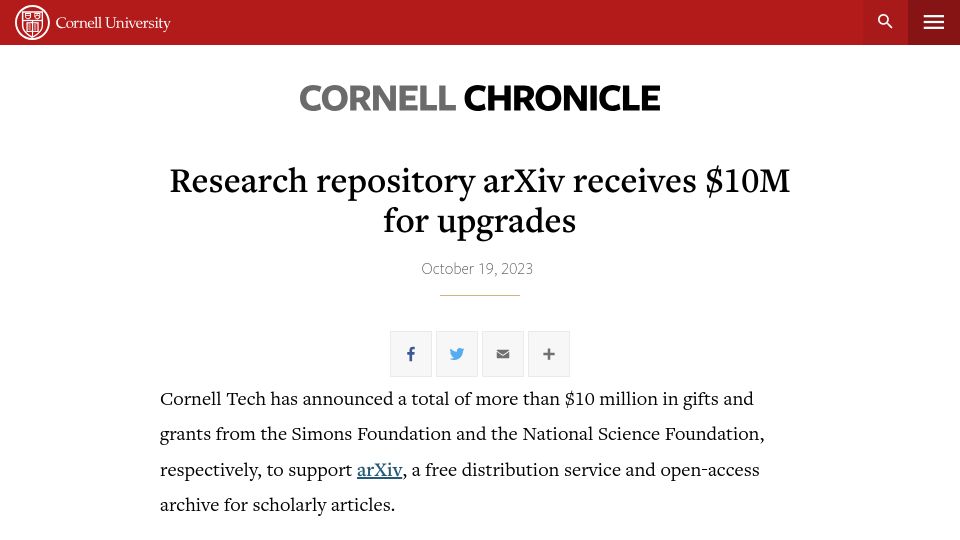 Screenshot of news.cornell.edu: ArXiv receives $10M for upgrades