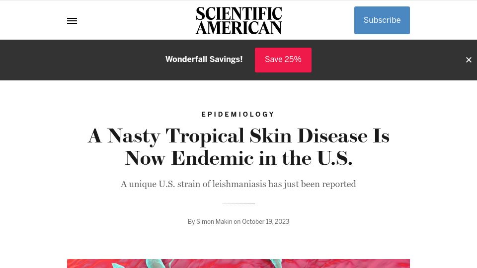 Screenshot of scientificamerican.com: A Nasty Tropical Skin Disease Is Now Endemic in the U.S.