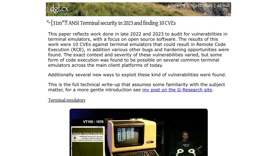 Screenshot of dgl.cx: "<ESC>[31M"? ANSI Terminal security in 2023 and finding 10 CVEs