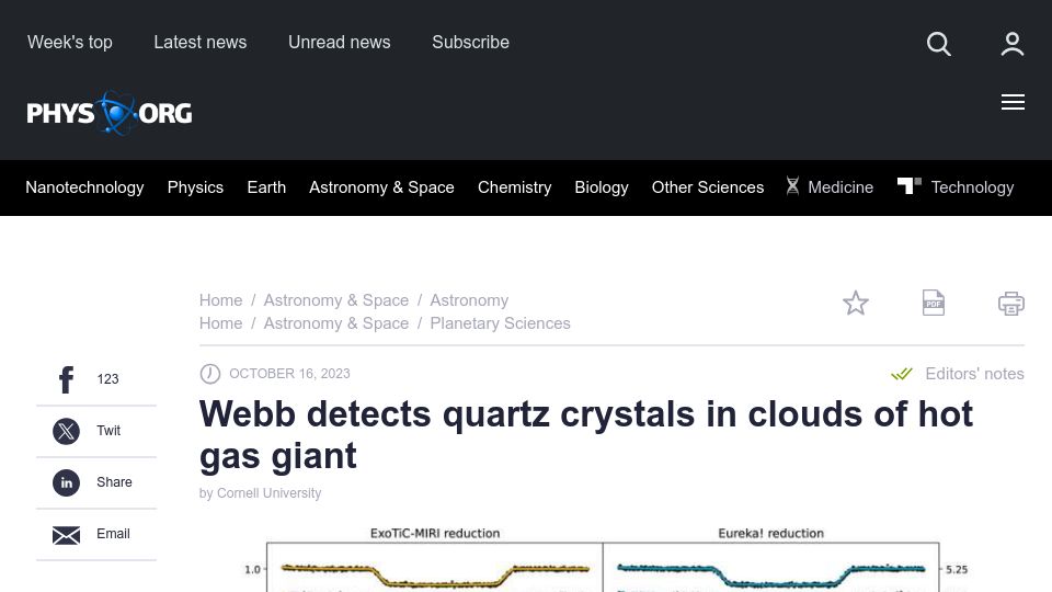 Screenshot of phys.org: Webb detects quartz crystals in clouds of hot gas giant