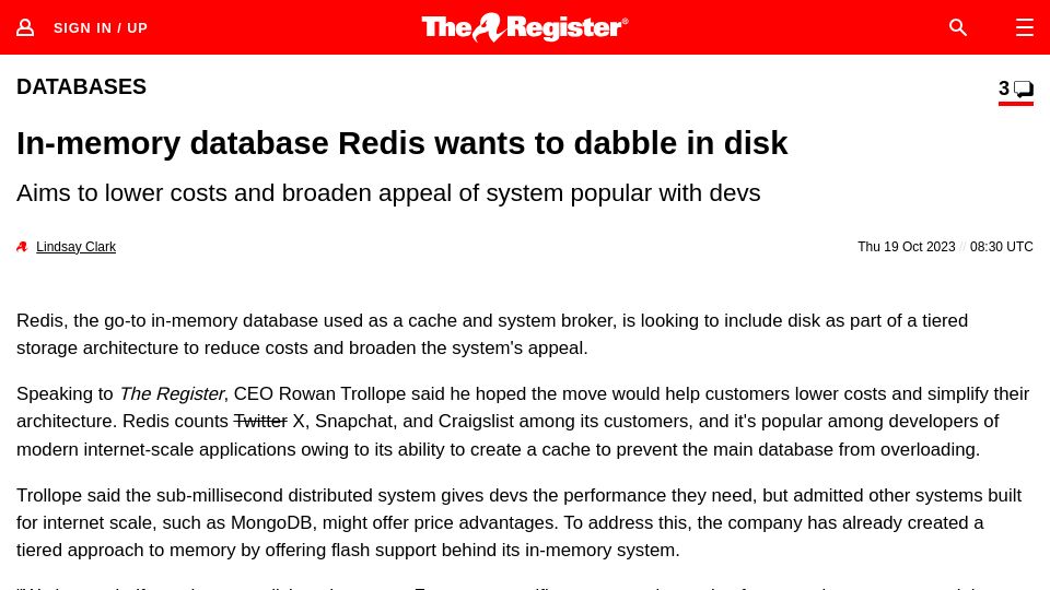 Screenshot of theregister.com: In-memory database Redis wants to dabble in disk