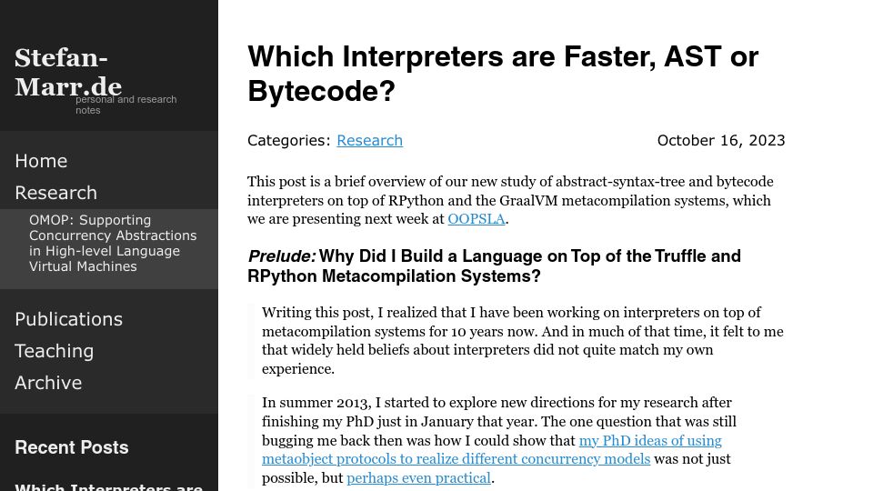Screenshot of stefan-marr.de: Which Interpreters Are Faster, AST or Bytecode?