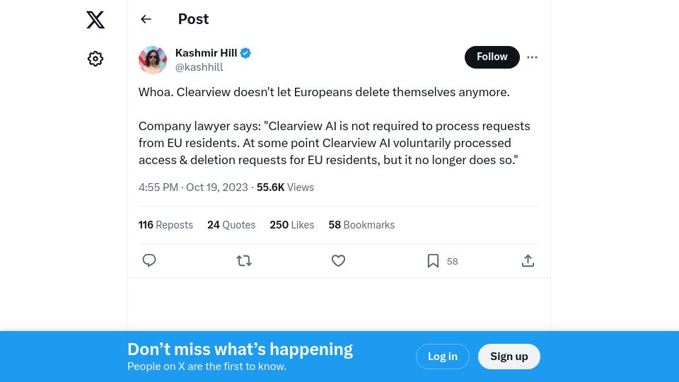 Screenshot of twitter.com: Clearview doesn't let Europeans delete themselves anymore