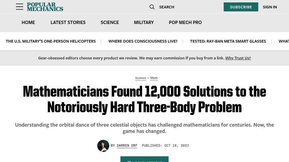 Screenshot of popularmechanics.com: Mathematicians Found 12,000 Solutions to the Notoriously Hard Three-Body Problem