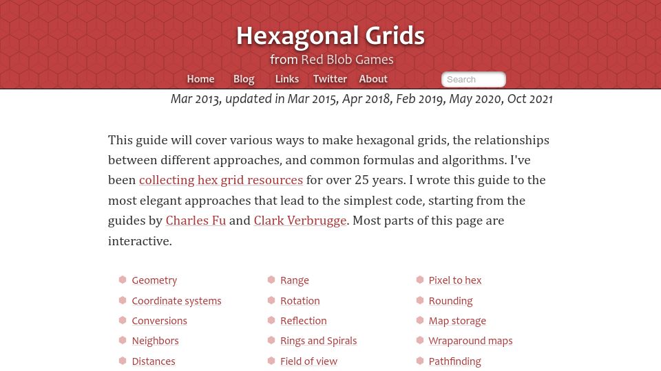 Screenshot of redblobgames.com: Hexagonal Grids (2013)