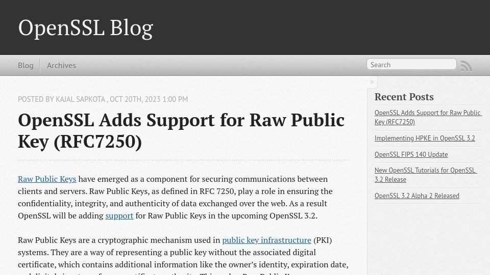 Screenshot of openssl.org: OpenSSL Adds Support for Raw Public Key (RFC7250)