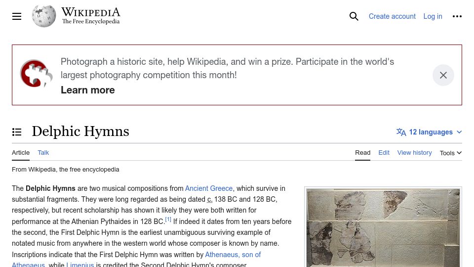 Screenshot of en.wikipedia.org: Delphic Hymns